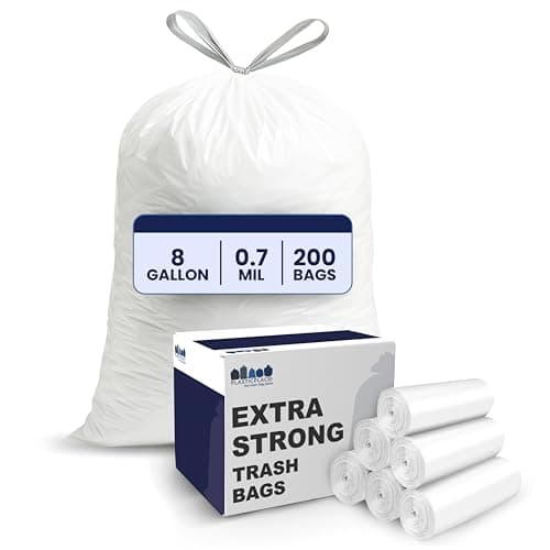 Plasticplace 8 Gallon Trash Bags, White Drawstring Liners, 0.7 Mil, 200 Count