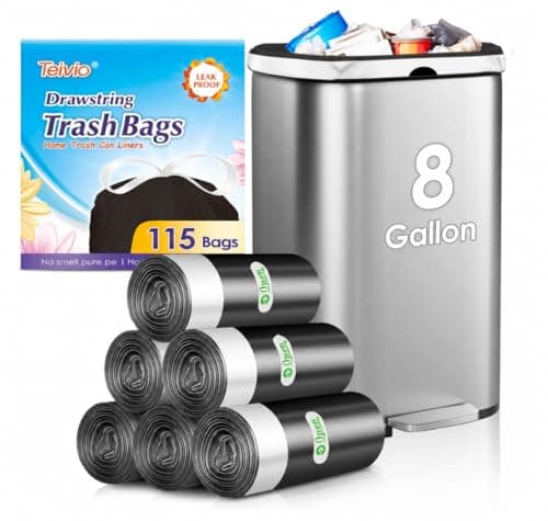 Teivio 8 Gallon Strong Drawstring Trash Bags, Black, 115 Count
