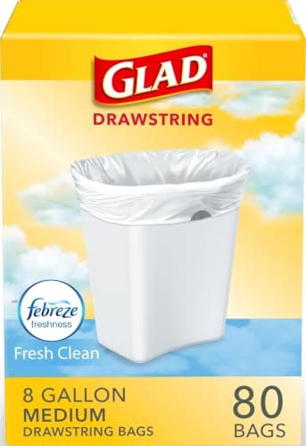 Glad Medium Drawstring Trash Bags, 8 Gallon, Fresh Clean with Febreze, 80 Count