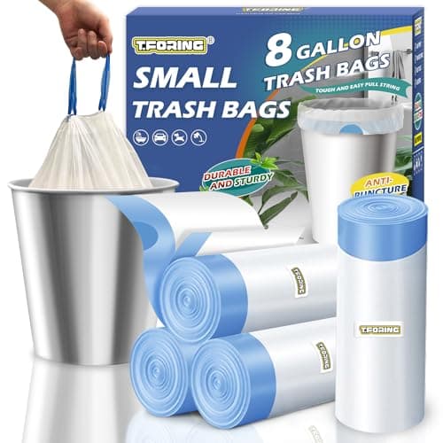 T.FORING Medium 8 Gallon Drawstring Trash Bags, 1.2 Mil, Unscented, 100 Count