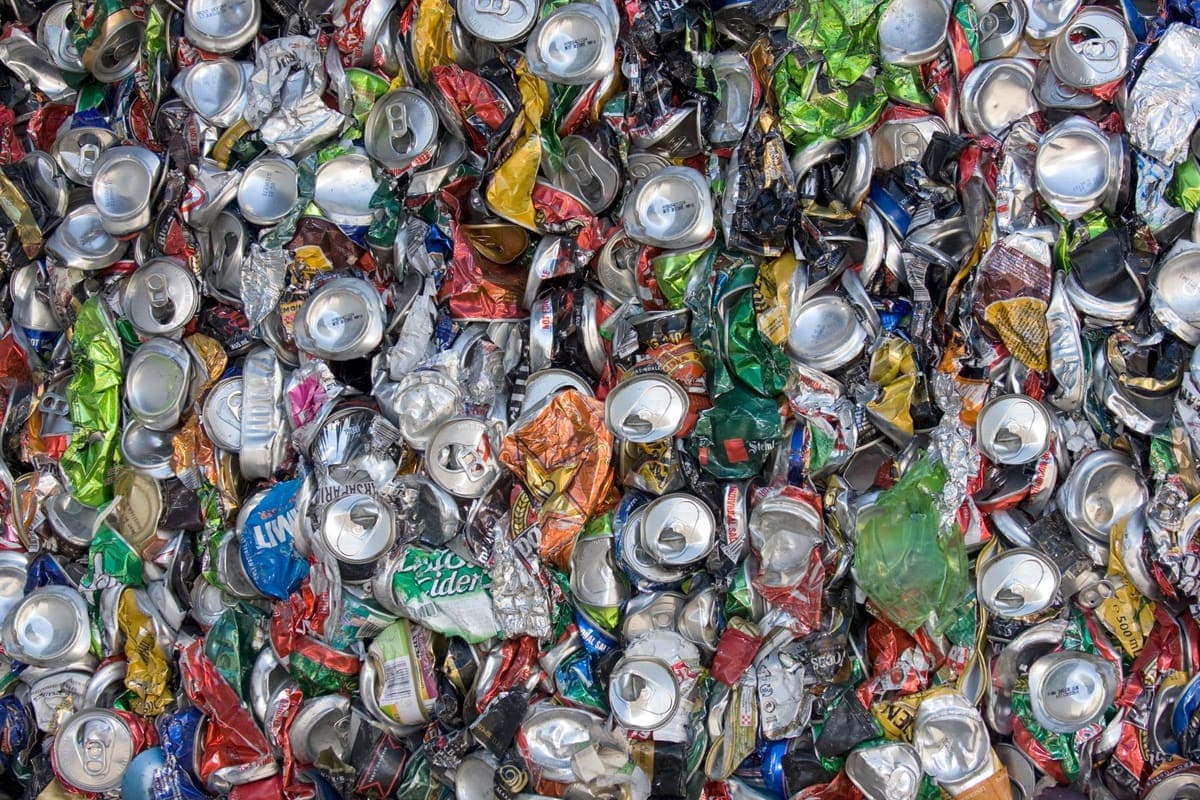 Crushed aluminum cans ready for recycling
