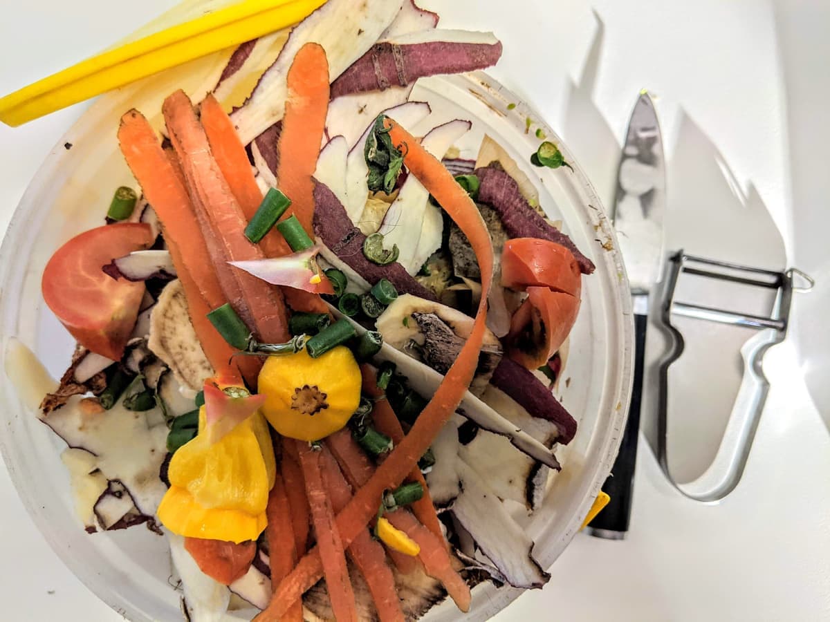 Vegetable scraps beside a countertop compost bin