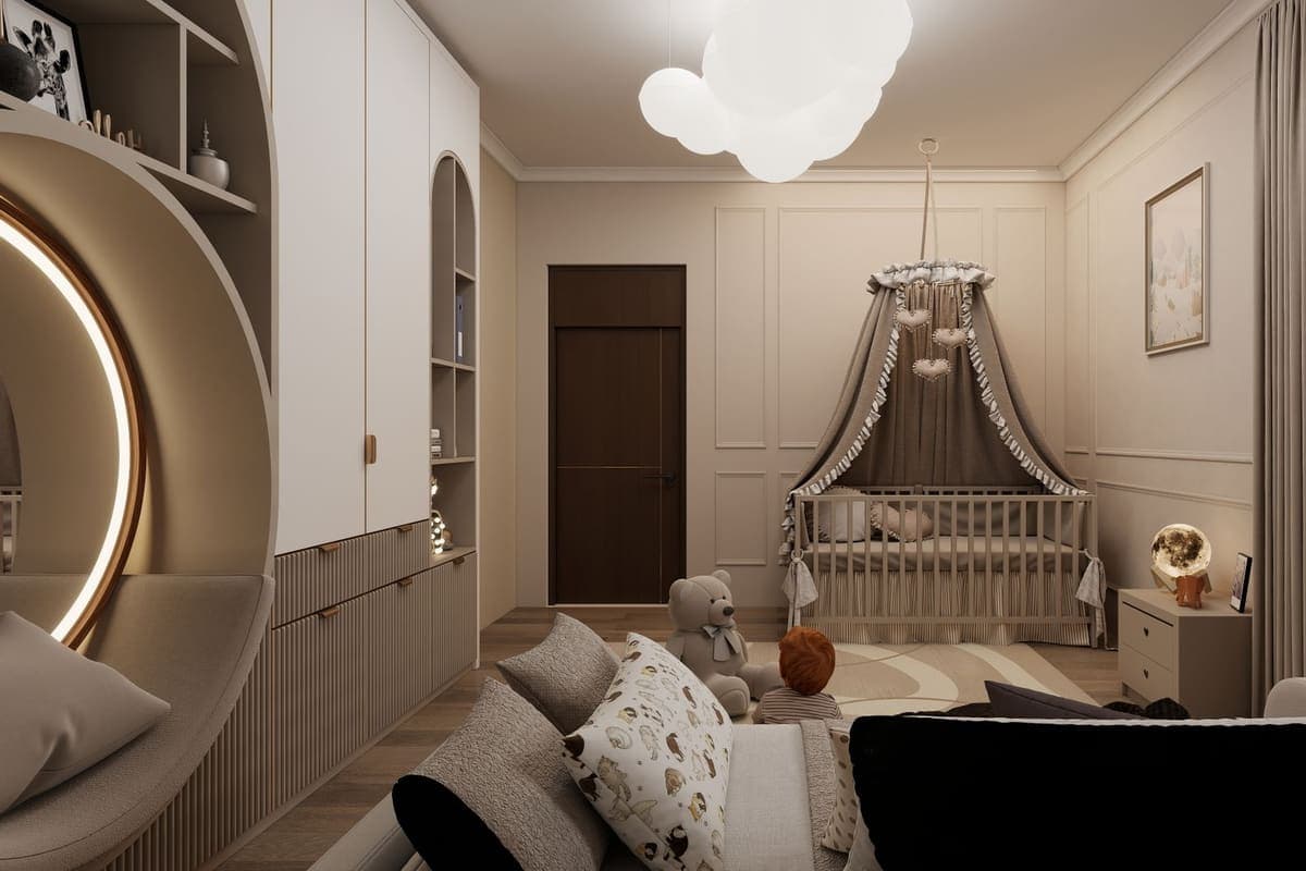 Nursery interior with a changing area and a lidded bin