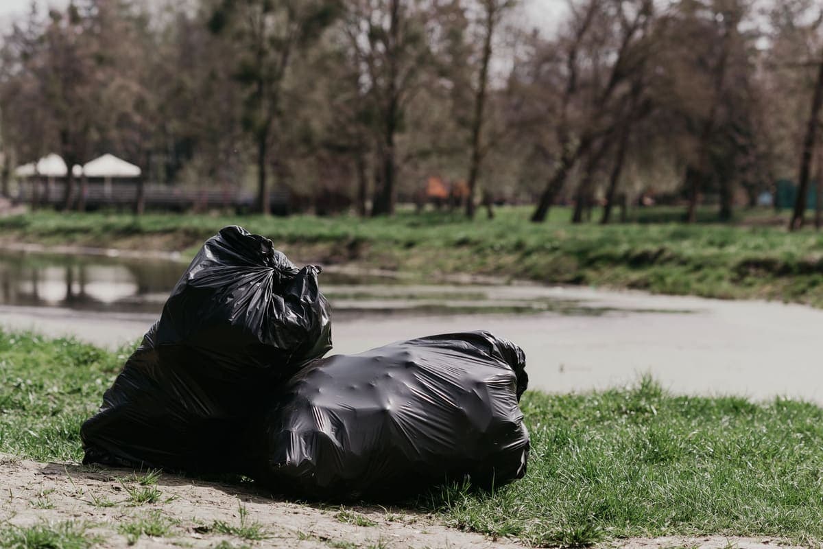 Two tied black refuse sacks on grass