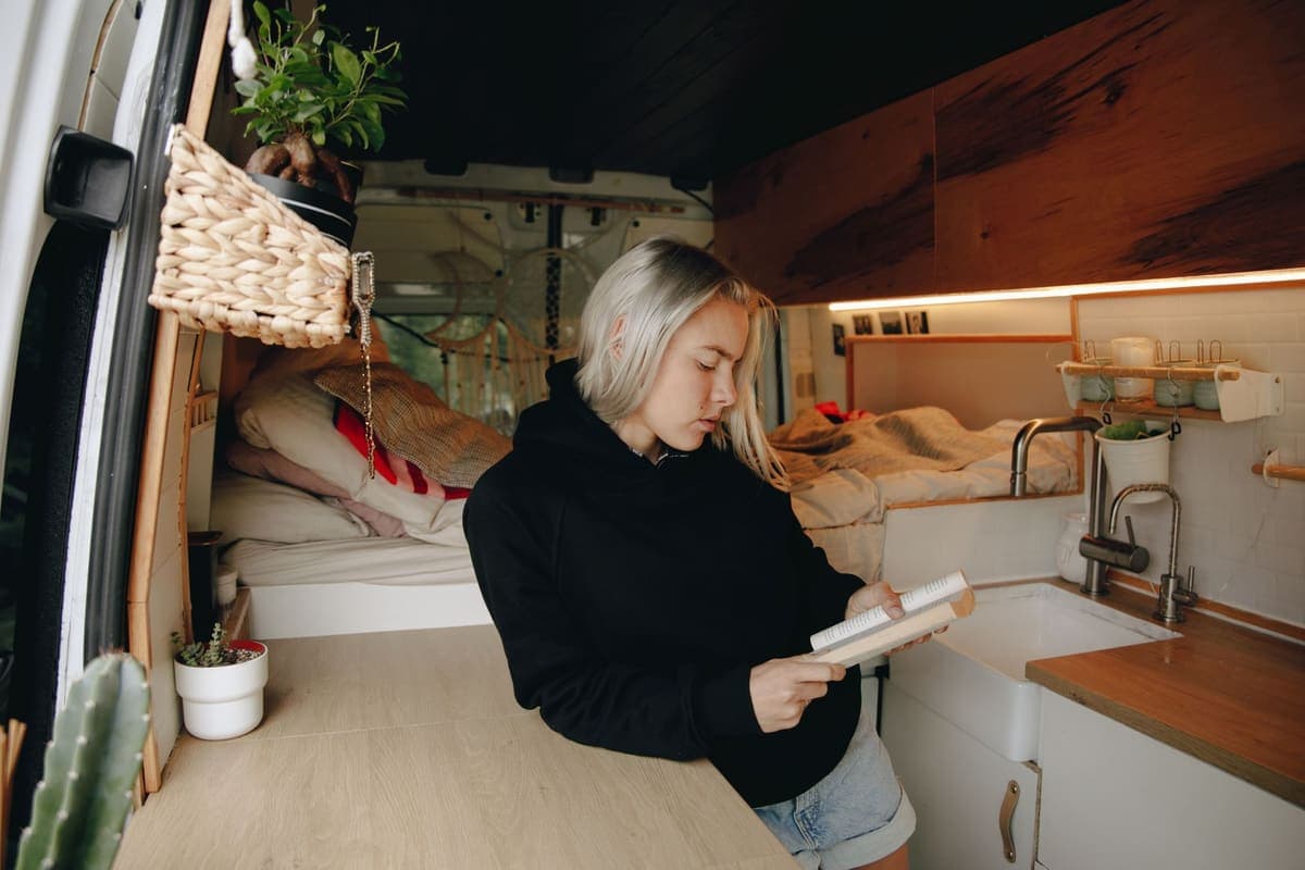 Compact camper van interior with a small galley