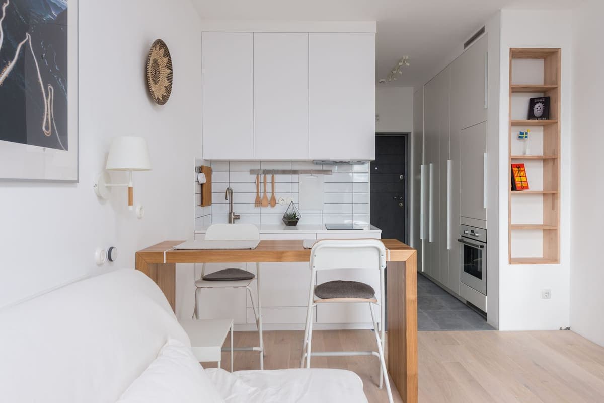 Compact apartment kitchen counter beside a living space
