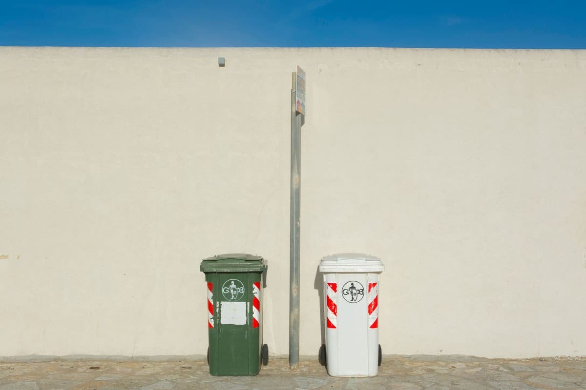 Two waste bins standing side by side against a wall