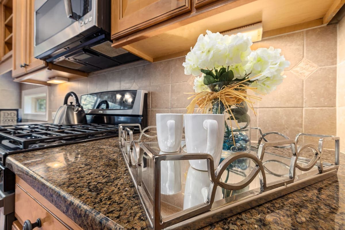 Brushed steel kitchen counter with storage containers